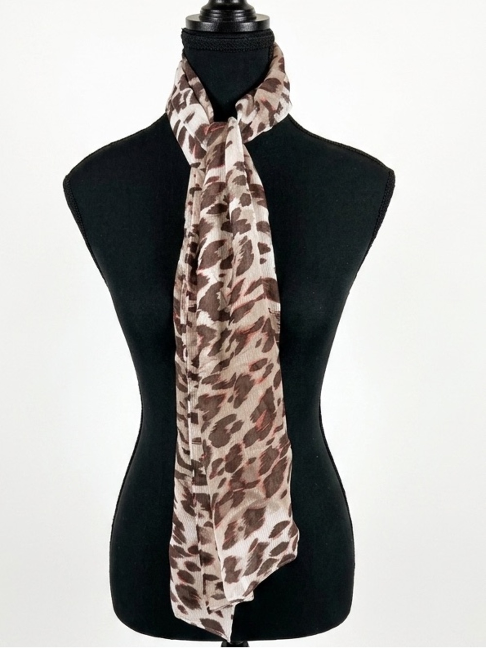ECHO Cream Brown Leopard Print Silk Scarf Oblong Lightweight Flowy
